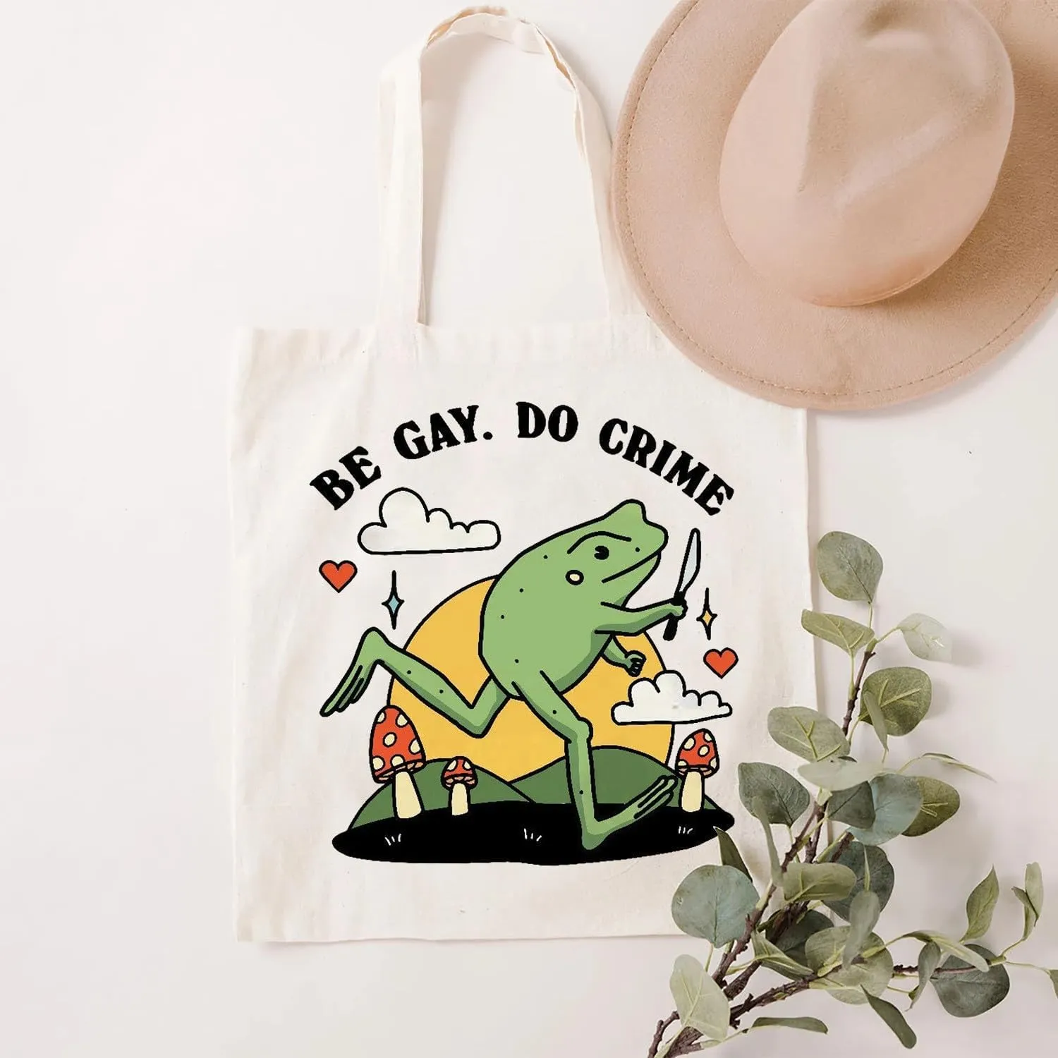 SAUIVD Funny Frogs with A Knife Canvas Tote Bag for Women Cute Frogs Lover Shoulder Bag Reusable Printed Grocery Bags