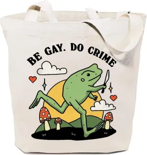 SAUIVD Funny Frogs with A Knife Canvas Tote Bag for Women Cute Frogs Lover Shoulder Bag Reusable Printed Grocery Bags