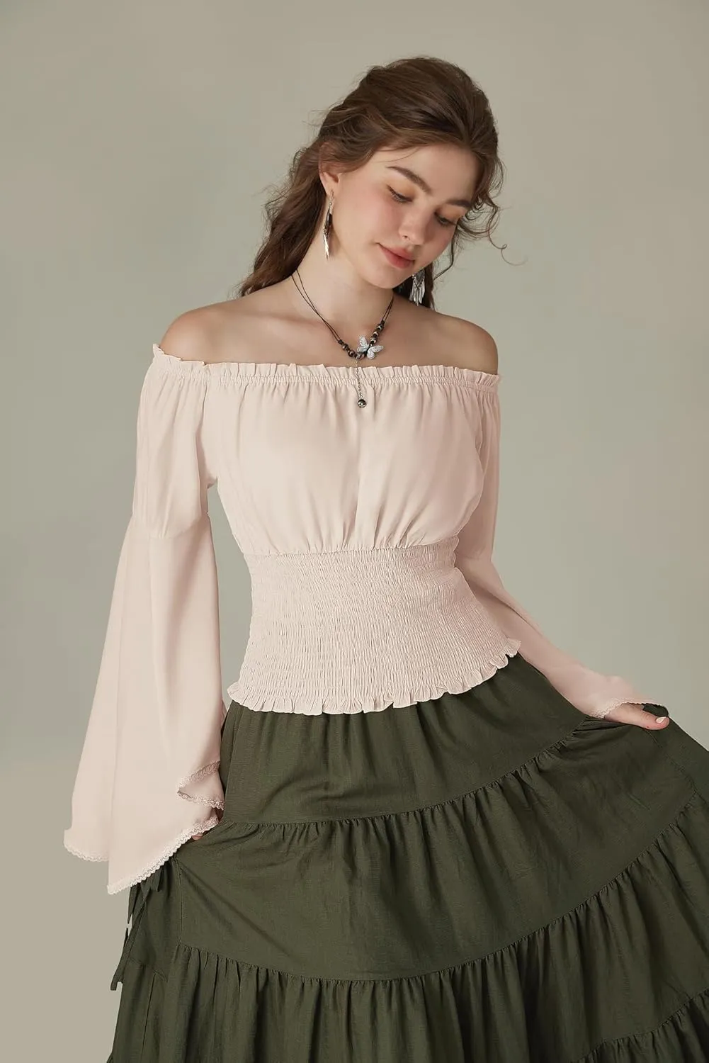 Scarlet Darkness Women Bell Sleeve Smocked Top Off The Shoulder Peasant Blouse Renaissance Pirate Shirt