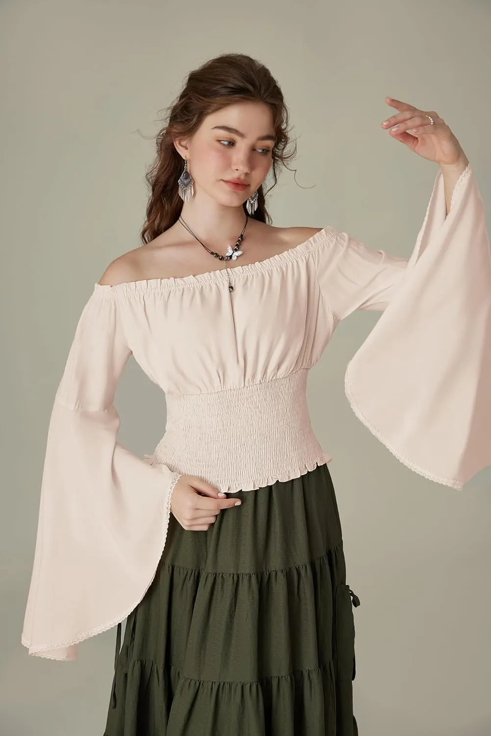 Scarlet Darkness Women Bell Sleeve Smocked Top Off The Shoulder Peasant Blouse Renaissance Pirate Shirt