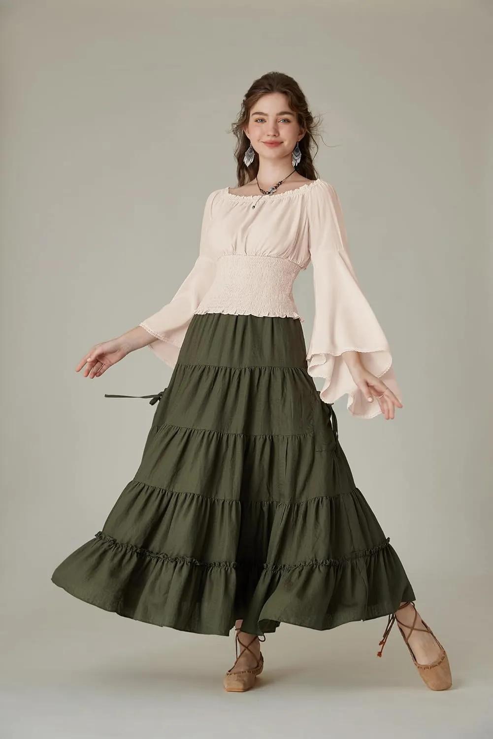 Scarlet Darkness Women Bell Sleeve Smocked Top Off The Shoulder Peasant Blouse Renaissance Pirate Shirt