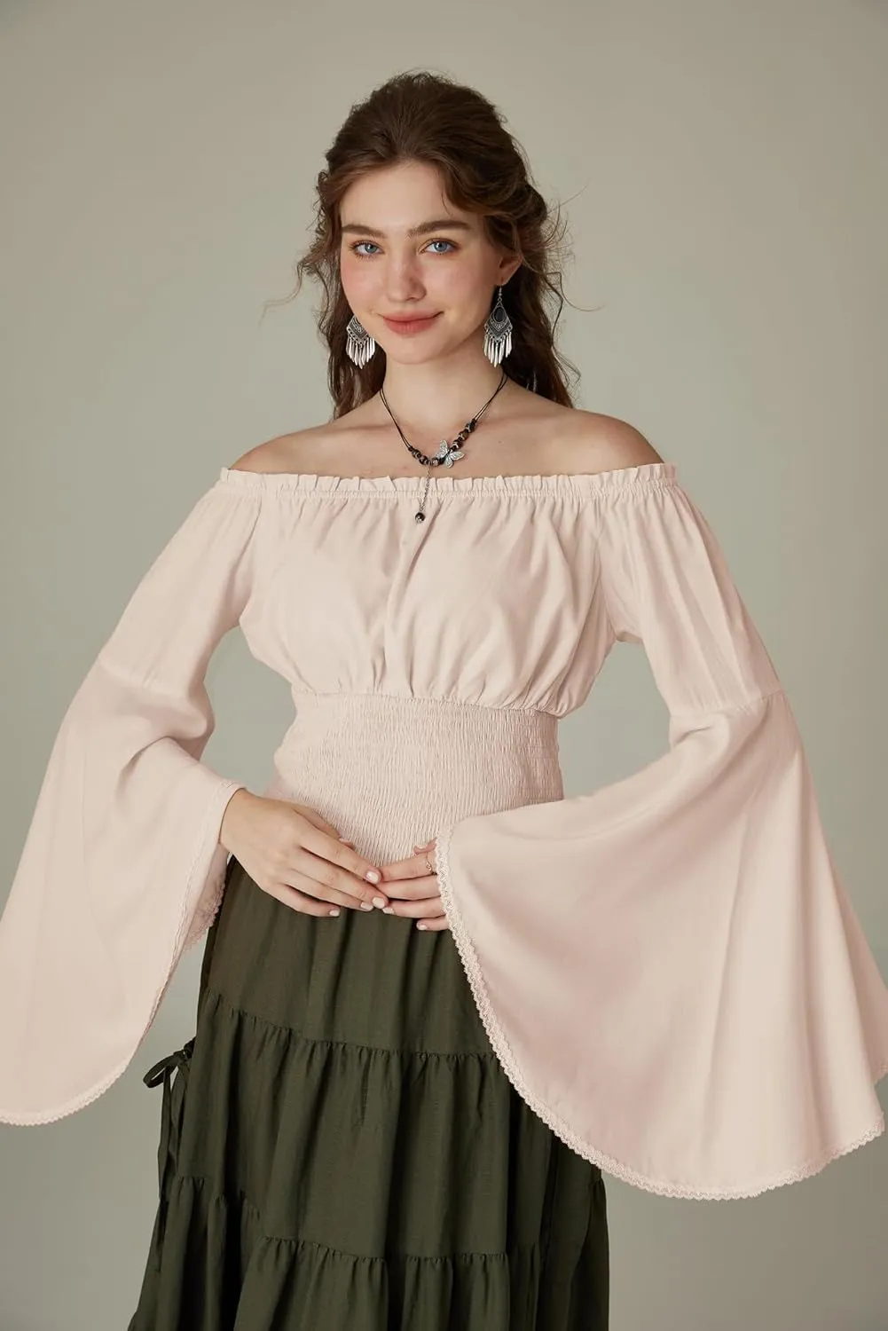 Scarlet Darkness Women Bell Sleeve Smocked Top Off The Shoulder Peasant Blouse Renaissance Pirate Shirt