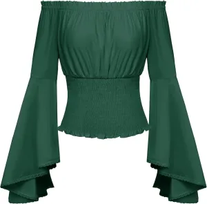 Scarlet Darkness Women Bell Sleeve Smocked Top Off The Shoulder Peasant Blouse Renaissance Pirate Shirt