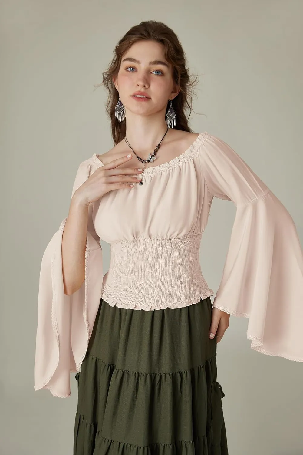 Scarlet Darkness Women Bell Sleeve Smocked Top Off The Shoulder Peasant Blouse Renaissance Pirate Shirt