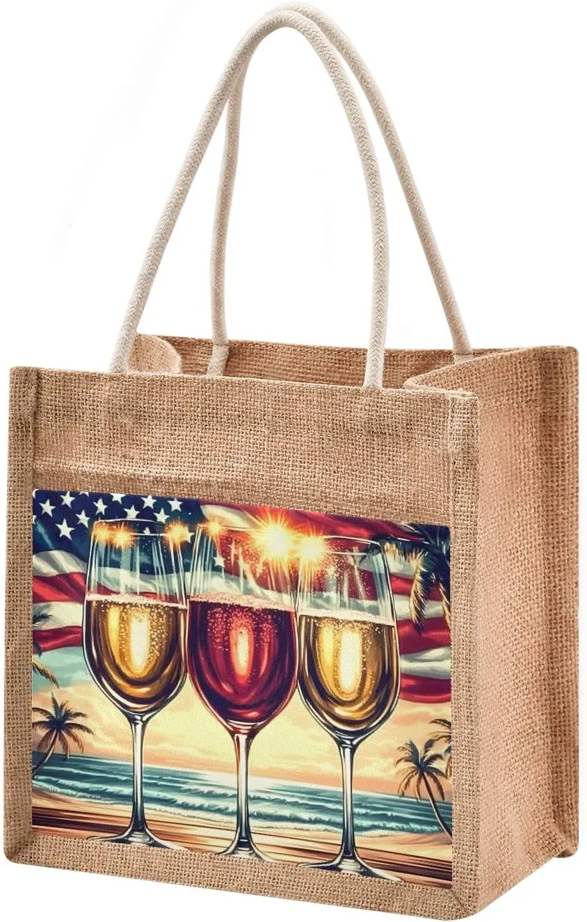 senya Canvas Tote Bag Women Beach Bag Burlap Beach Totes Grocery Shopping Travel Swim Gym Bags 9.8x9.8in Tall Cup American Flag