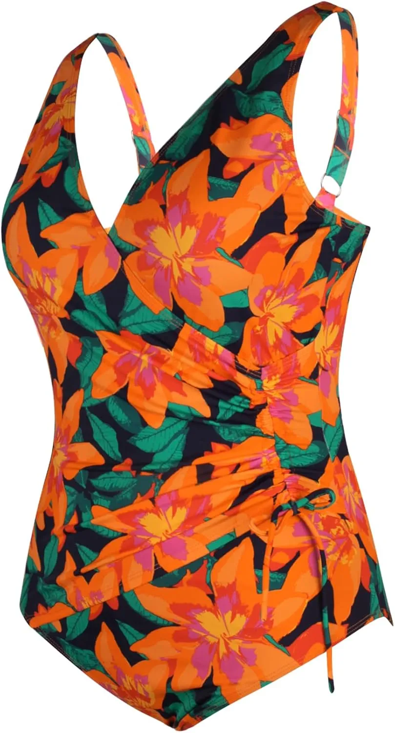 Septangle Womens One Piece Swimsuits Tummy Control Bathing Suit V Neck Drawstring Swimwear