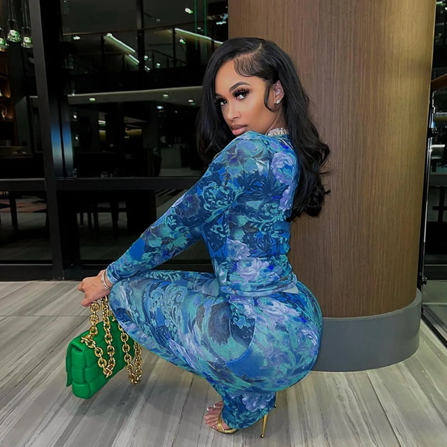 Sexy 2 Piece Set Jumpsuit for Women Floral Print See Through Mesh Long Sleeve Going Out Top and Flare Pants Sets