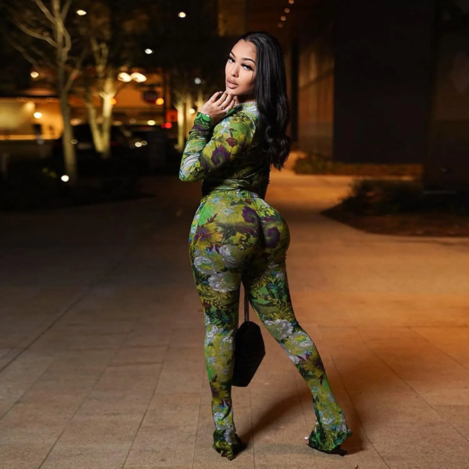 Sexy 2 Piece Set Jumpsuit for Women Floral Print See Through Mesh Long Sleeve Going Out Top and Flare Pants Sets