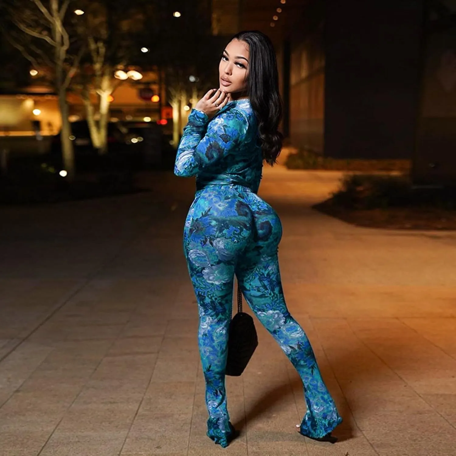 Sexy 2 Piece Set Jumpsuit for Women Floral Print See Through Mesh Long Sleeve Going Out Top and Flare Pants Sets