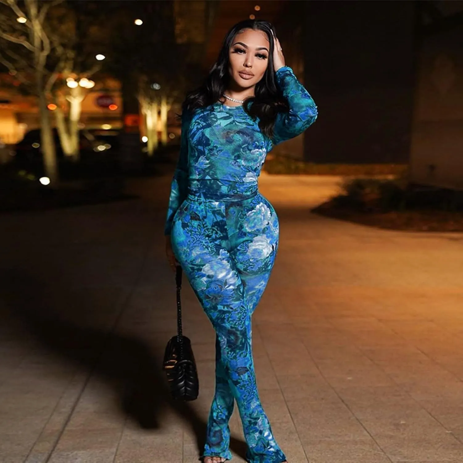 Sexy 2 Piece Set Jumpsuit for Women Floral Print See Through Mesh Long Sleeve Going Out Top and Flare Pants Sets