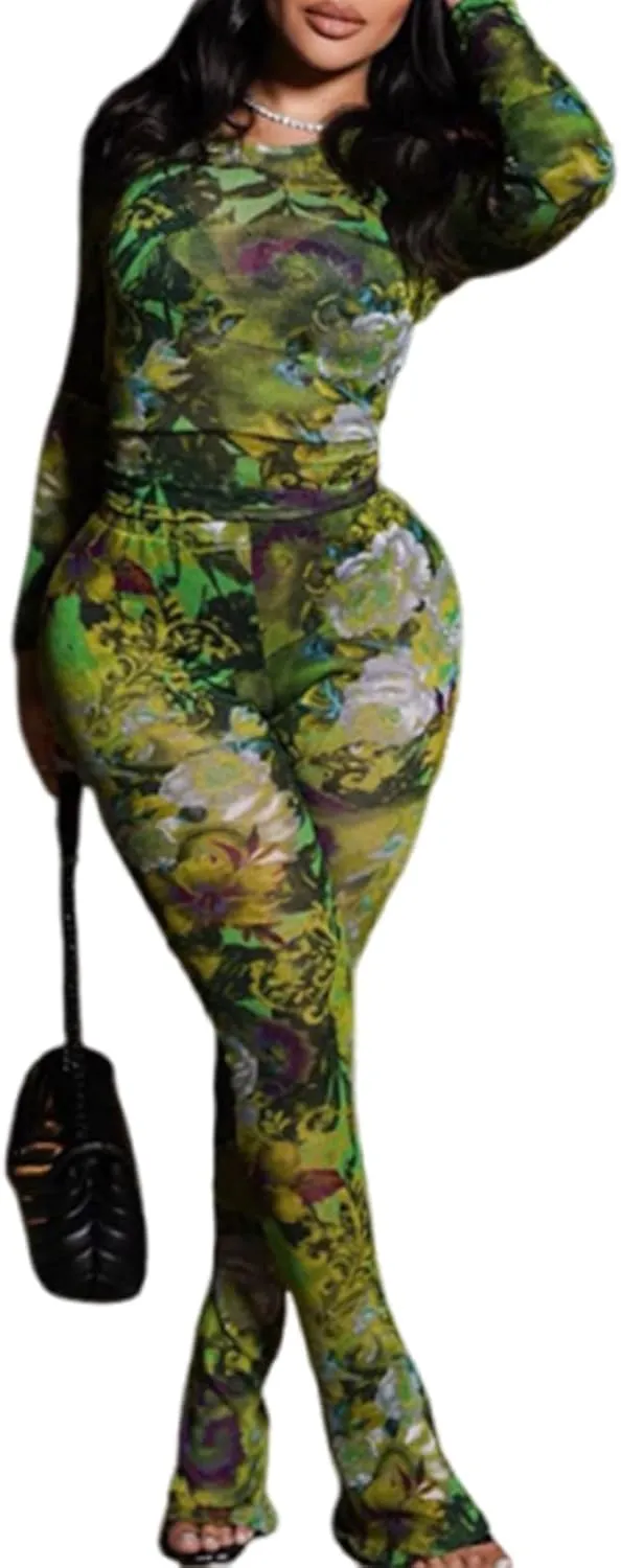 Sexy 2 Piece Set Jumpsuit for Women Floral Print See Through Mesh Long Sleeve Going Out Top and Flare Pants Sets