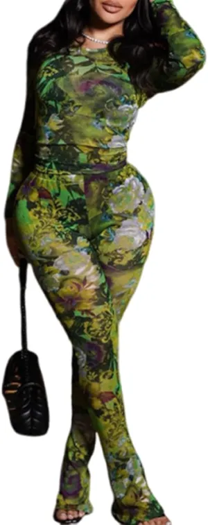 Sexy 2 Piece Set Jumpsuit for Women Floral Print See Through Mesh Long Sleeve Going Out Top and Flare Pants Sets