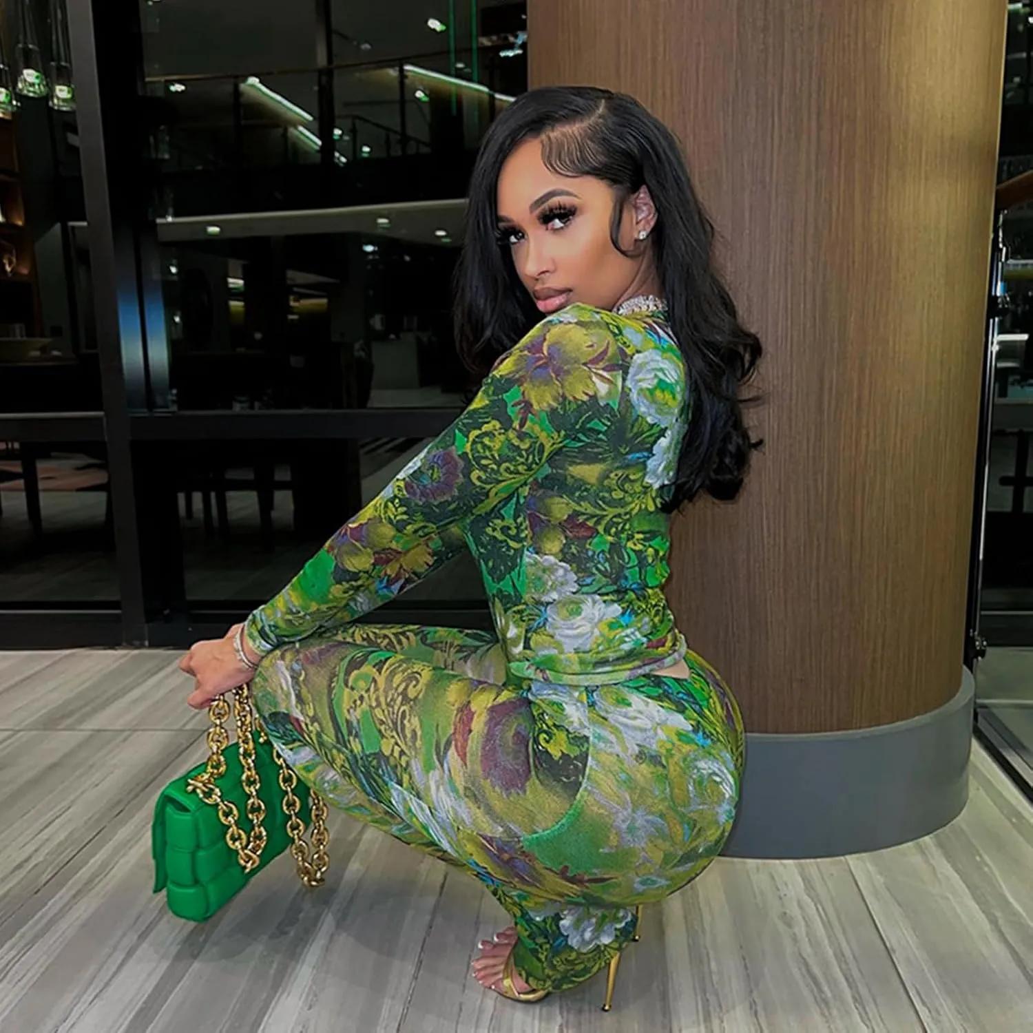 Sexy 2 Piece Set Jumpsuit for Women Floral Print See Through Mesh Long Sleeve Going Out Top and Flare Pants Sets
