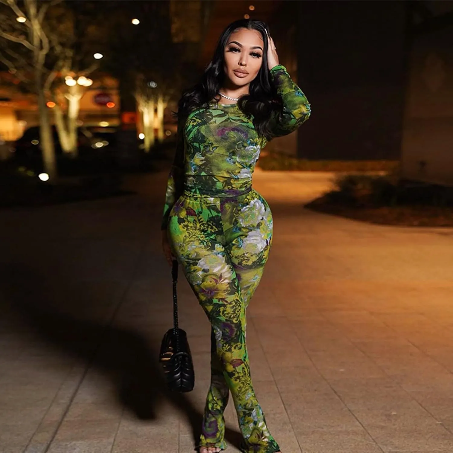 Sexy 2 Piece Set Jumpsuit for Women Floral Print See Through Mesh Long Sleeve Going Out Top and Flare Pants Sets