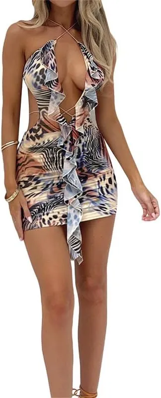 Sexy Tie Dye Cut Out Mini Dress Bandage Ruffle Bodycon Short Dresses Plunge Neck Criss Cross Going Out Dress