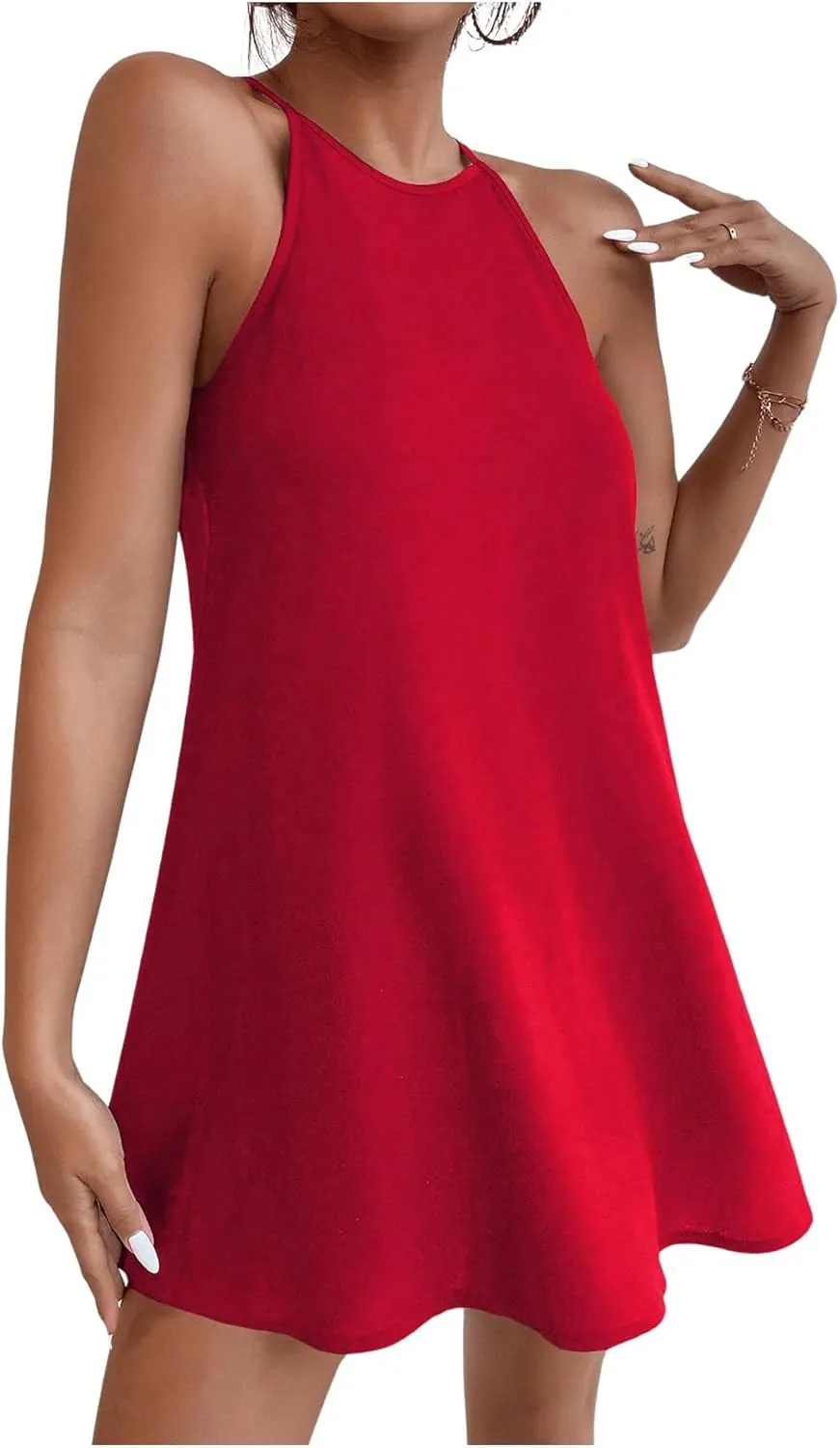 SHENHE Women's Casual Sleeveless Halter Neck Flared A Line Tunic Cami Mini Dresses