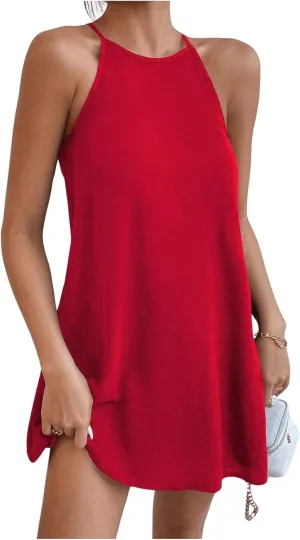 SHENHE Women's Casual Sleeveless Halter Neck Flared A Line Tunic Cami Mini Dresses
