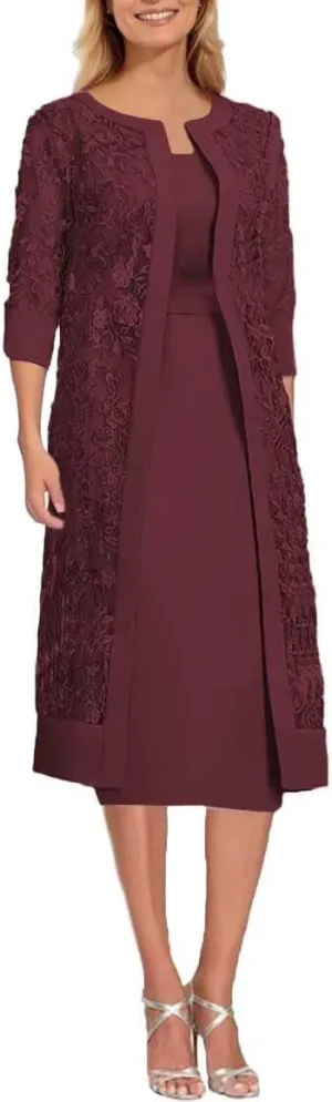 Short Sleeve Mother of The Bride Dresses with Jackets Laces Chiffon 2 Piece Formal Party Gowns Tea Length