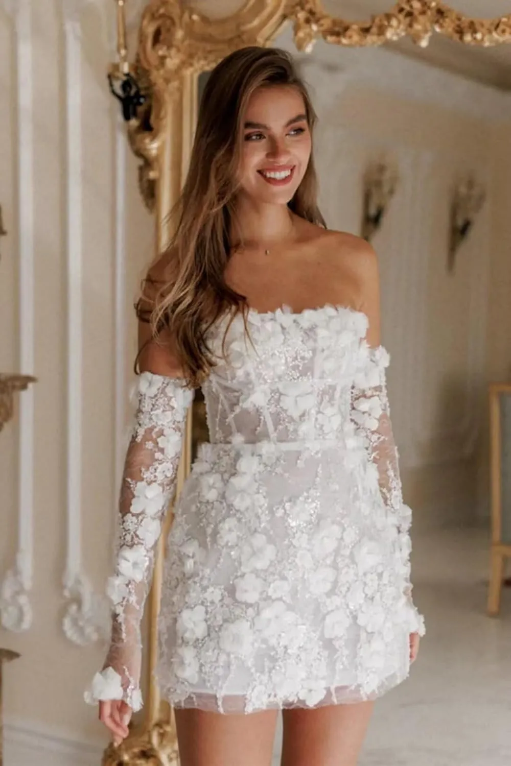 Short Wedding Dresses for Bride 2025 Lace Applique 3D Flower Tulle Mini Boho Bridal Gowns for Wedding
