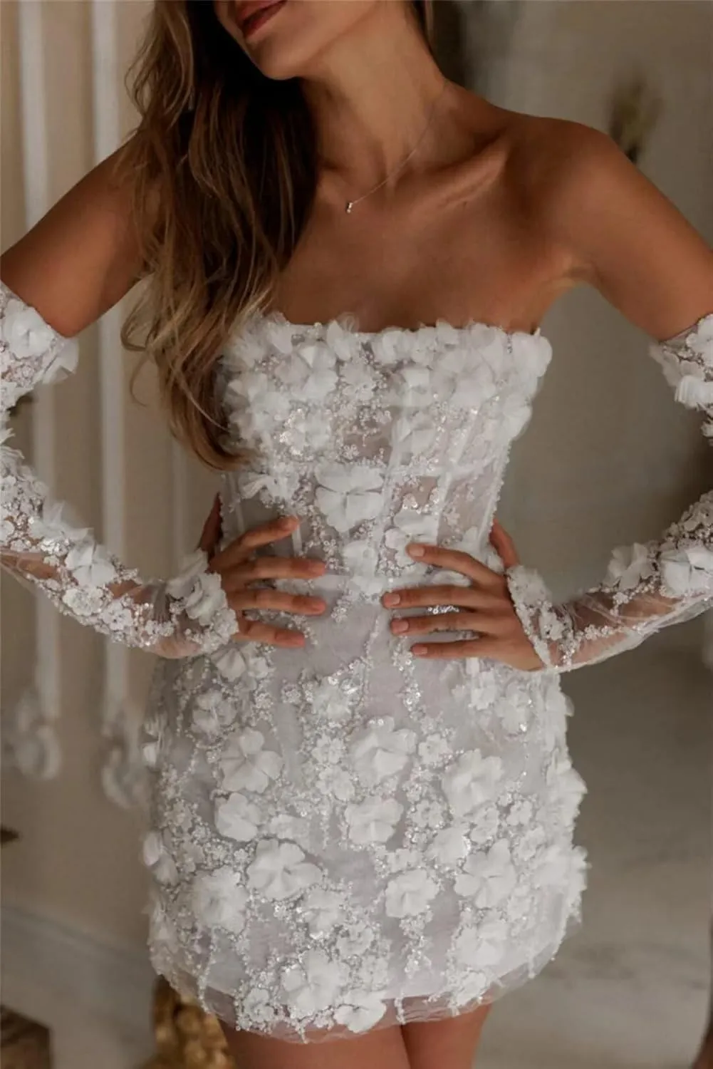 Short Wedding Dresses for Bride 2025 Lace Applique 3D Flower Tulle Mini Boho Bridal Gowns for Wedding