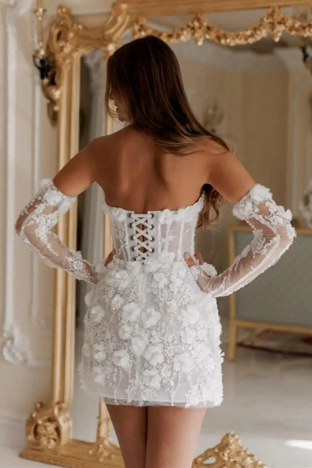 Short Wedding Dresses for Bride 2025 Lace Applique 3D Flower Tulle Mini Boho Bridal Gowns for Wedding