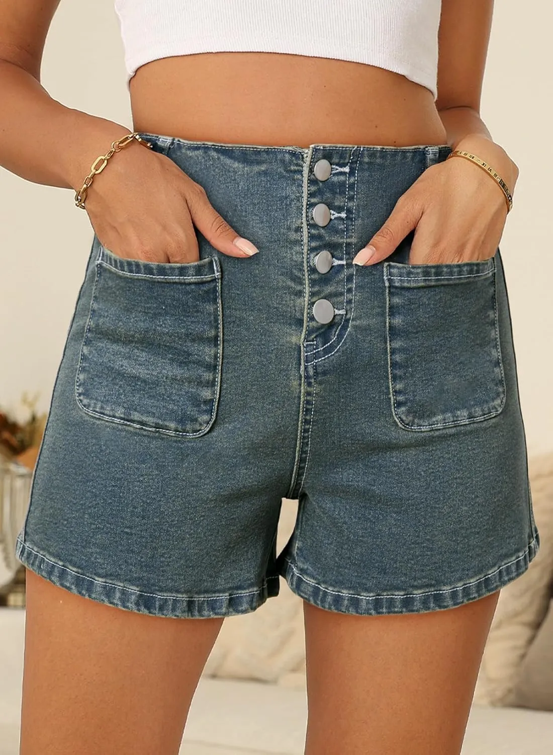 Sidefeel Women's Jean Shorts Button Fly Stretchy High Waisted Zimbaplatinum Jeans Summer Outfit 2025 Denim Shorts