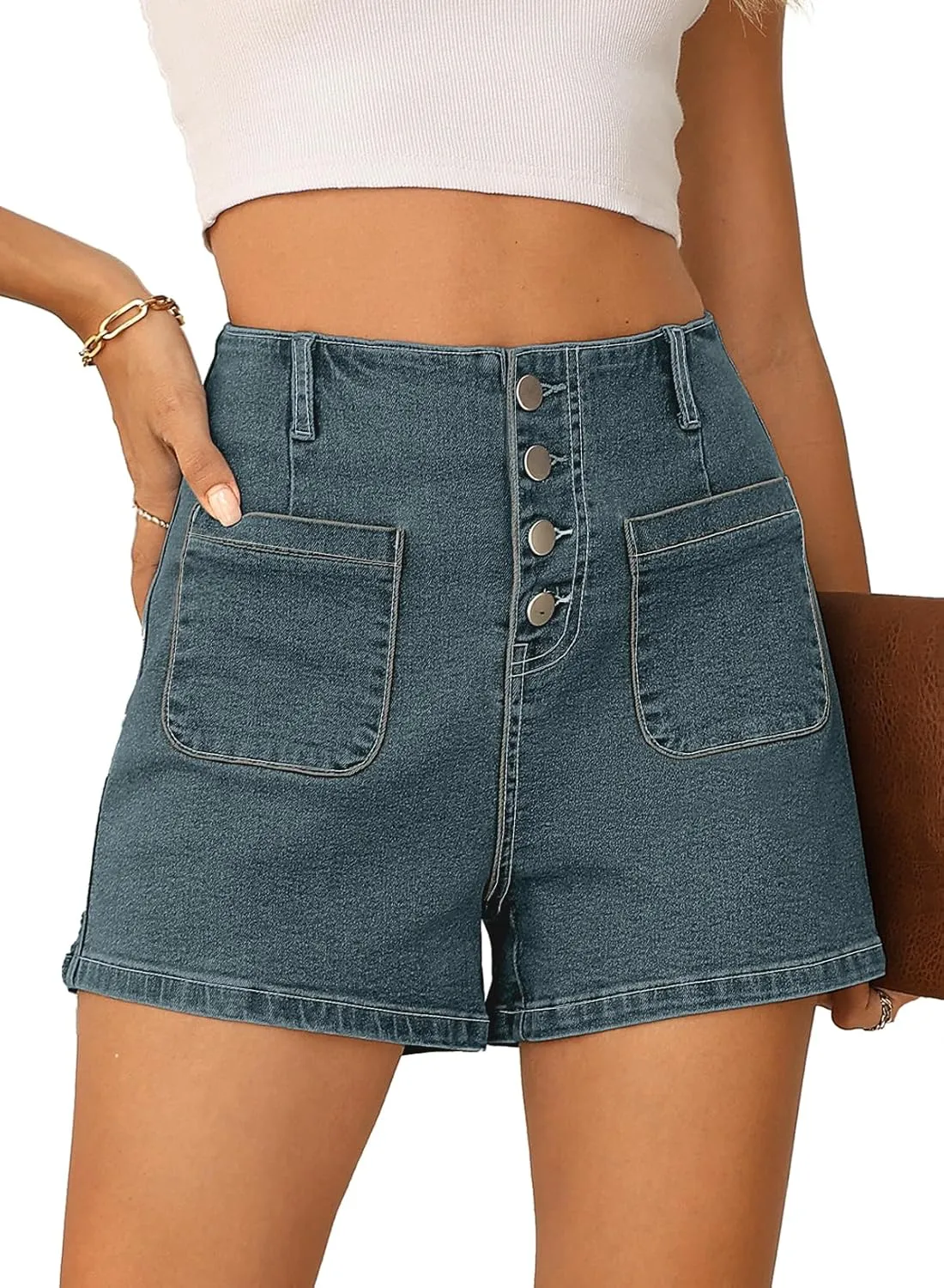 Sidefeel Women's Jean Shorts Button Fly Stretchy High Waisted Zimbaplatinum Jeans Summer Outfit 2025 Denim Shorts