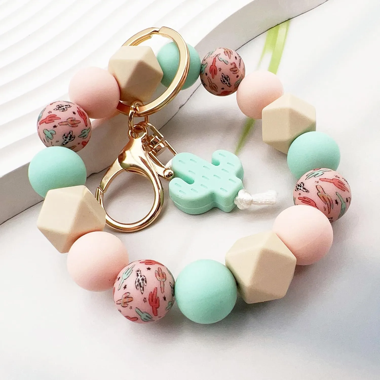Silicone Beaded Wristlet Bracelet Keychain, Cute Cactus Beaded Bangle Elastic Keys Ring Holder Chains for Women Gift