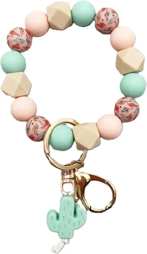 Silicone Beaded Wristlet Bracelet Keychain, Cute Cactus Beaded Bangle Elastic Keys Ring Holder Chains for Women Gift