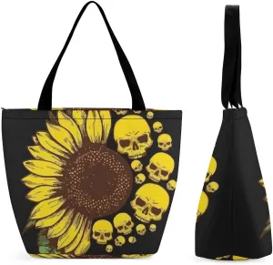 Skulls Sunflower Tote Bag Beach Travel Reusable Grocery Shopping Aesthetic Portable Storage HandBags Personalized Tote Purse for Women Girls