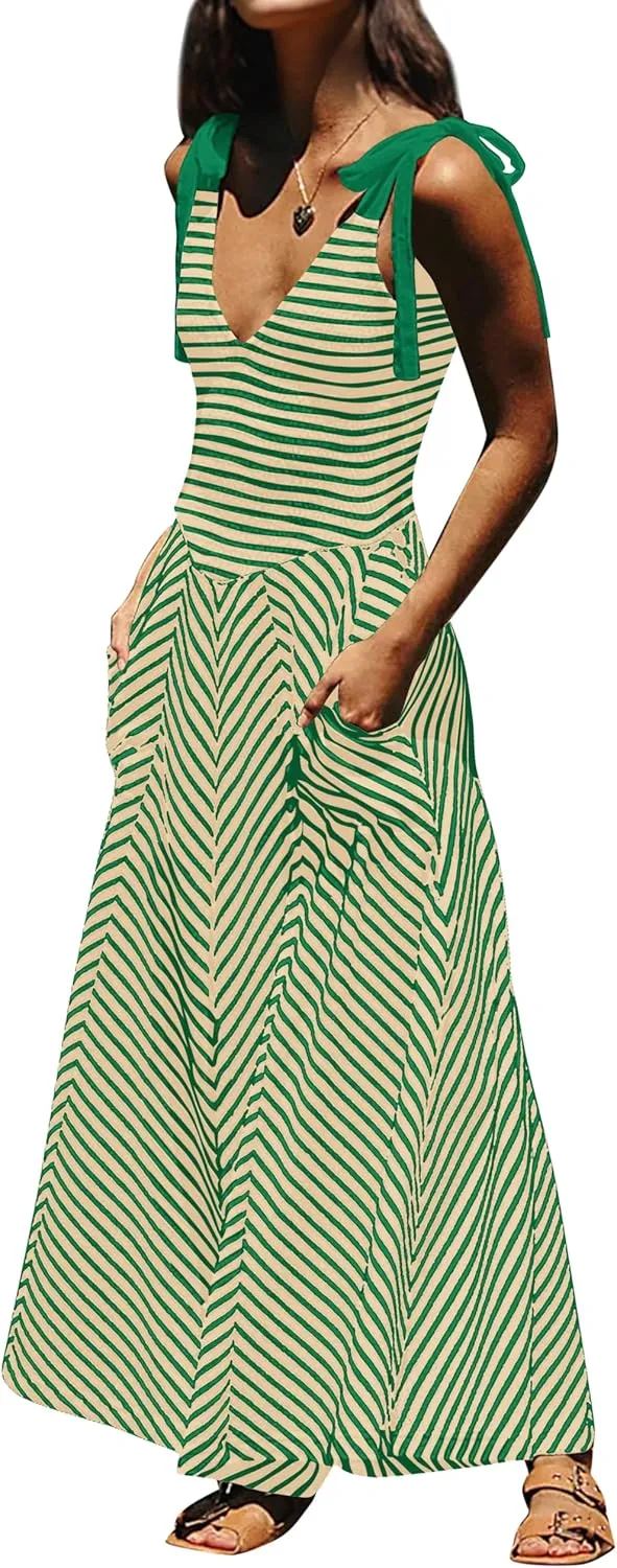 Smocked Sleeveless Striped Maxi Dress Women Sexy V Neck Tie Strap Long Dresses Flowy Tank Top Dress with Pockets