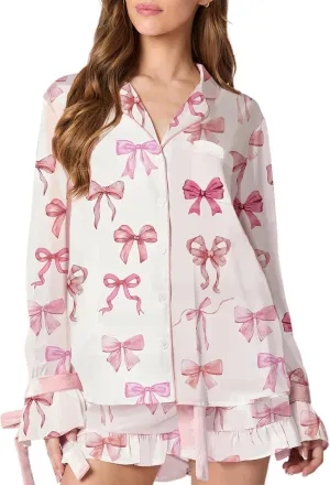 SOLILOQUY Women Valentines Day Pajamas Set Cute Bow Tie Front Long Sleeve Button Shirt   Shorts 2 Piece Sleepwear Loungewear
