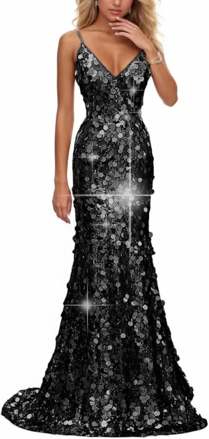 Sparkly Big Sequin Prom Dresses 2025 for Women Long Mermaid Formal Ball Gown Corset V Neck Cocktail Dress with Slit RDX-P1009