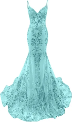 Sparkly Sequin Mermaid Prom Dress for Women 2025 Lace Applique Formal Evening Dresses V Neck Straps Backless Party Gowns P36