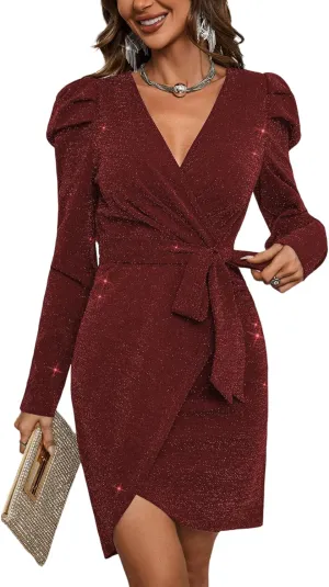 Sparkly Women's Elegant Deep V Neck High Waist Wrap Long Sleeve Mini Dress with Bow Belt Party Club Dress