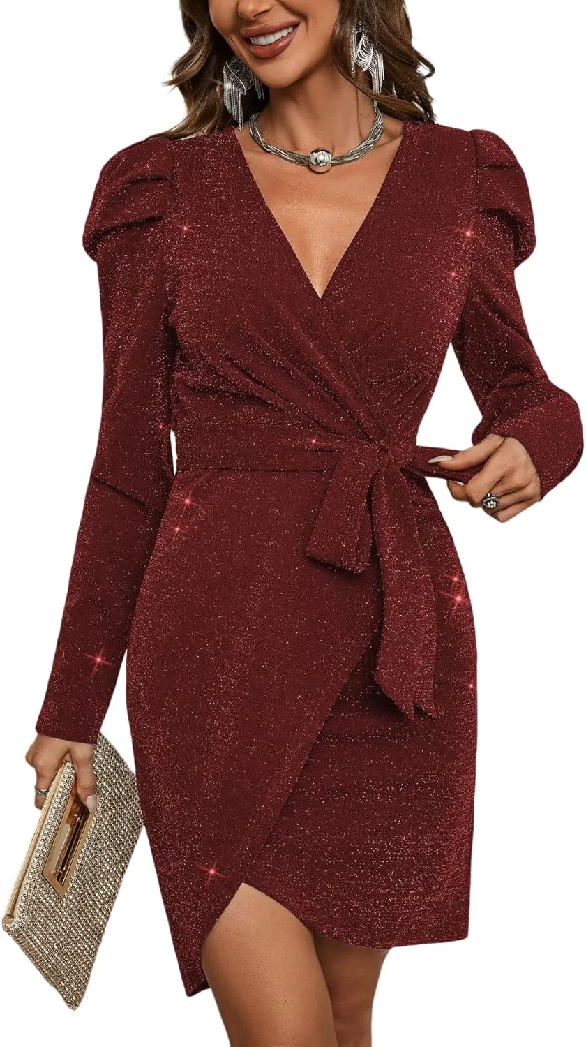 Sparkly Women's Elegant Deep V Neck High Waist Wrap Long Sleeve Mini Dress with Bow Belt Party Club Dress