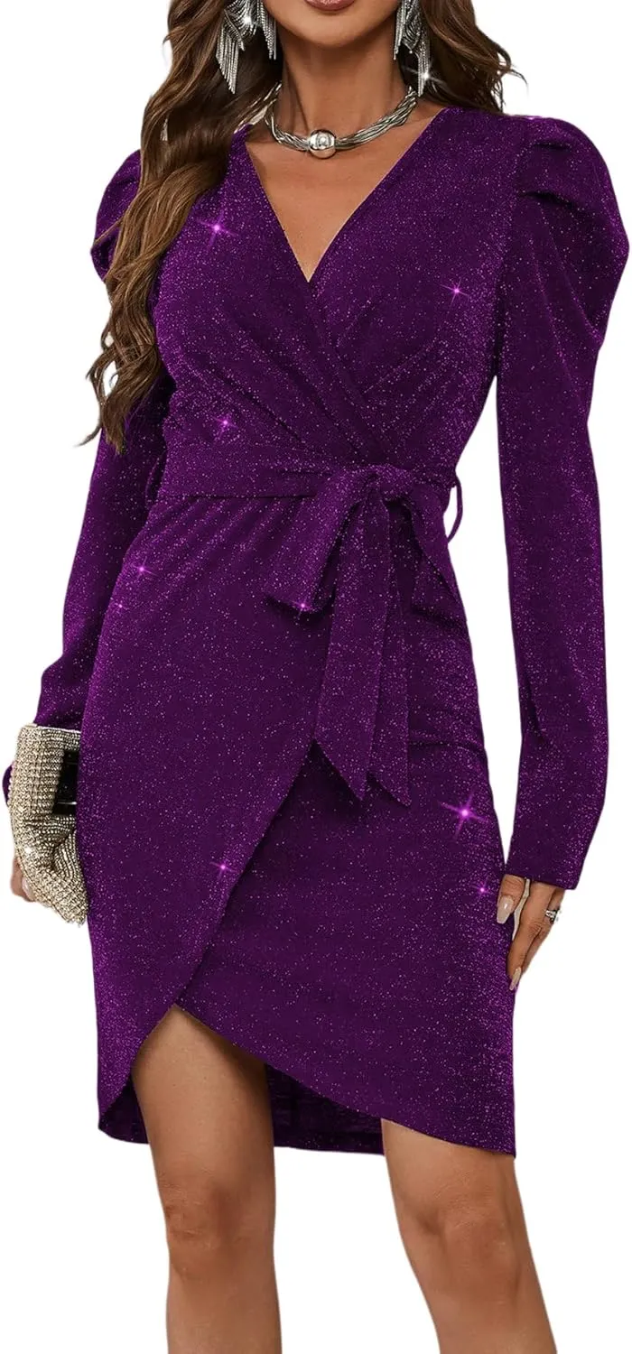 Sparkly Women's Elegant Deep V Neck High Waist Wrap Long Sleeve Mini Dress with Bow Belt Party Club Dress