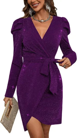 Sparkly Women's Elegant Deep V Neck High Waist Wrap Long Sleeve Mini Dress with Bow Belt Party Club Dress