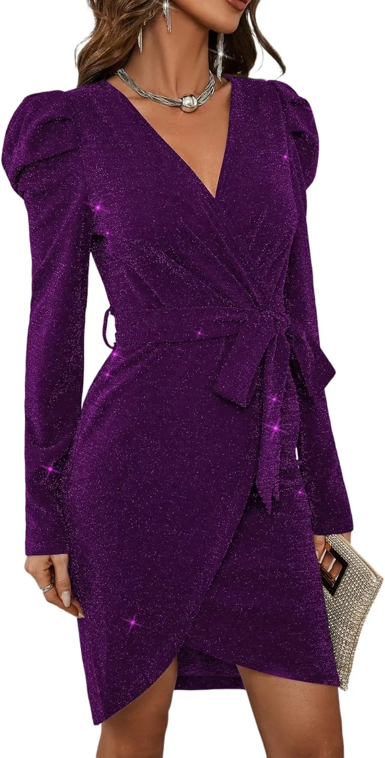 Sparkly Women's Elegant Deep V Neck High Waist Wrap Long Sleeve Mini Dress with Bow Belt Party Club Dress