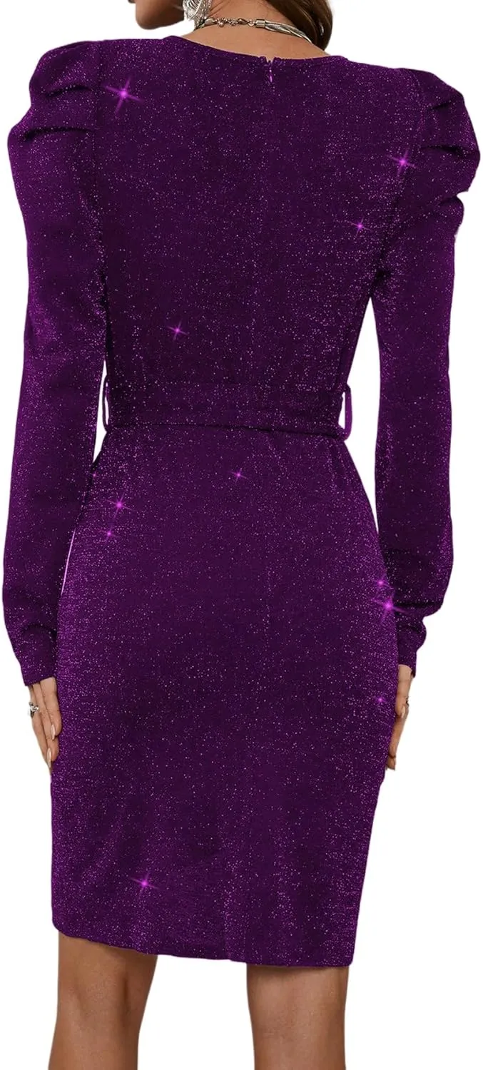 Sparkly Women's Elegant Deep V Neck High Waist Wrap Long Sleeve Mini Dress with Bow Belt Party Club Dress