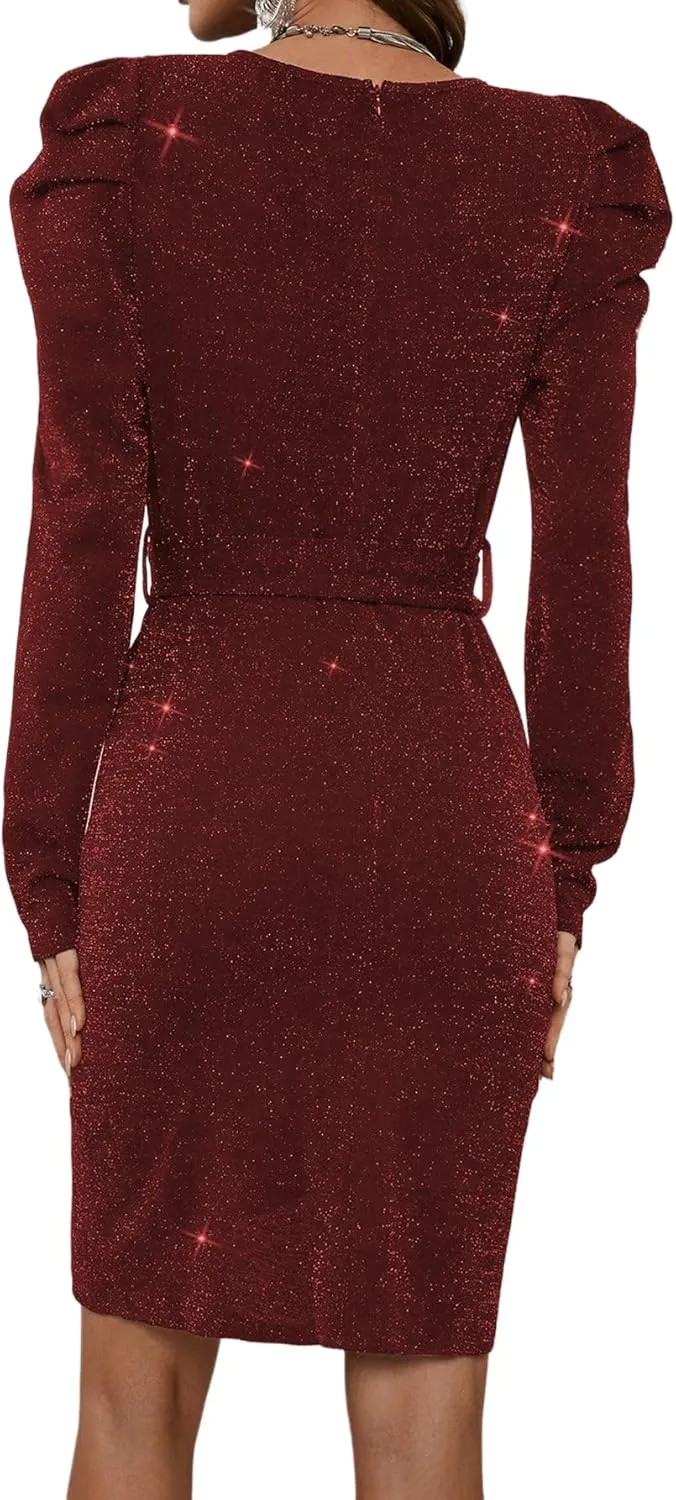 Sparkly Women's Elegant Deep V Neck High Waist Wrap Long Sleeve Mini Dress with Bow Belt Party Club Dress
