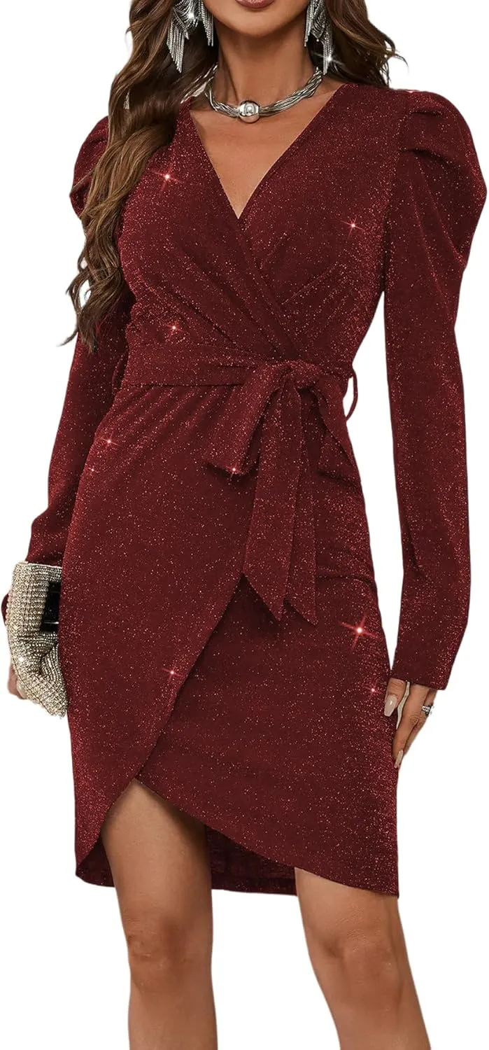Sparkly Women's Elegant Deep V Neck High Waist Wrap Long Sleeve Mini Dress with Bow Belt Party Club Dress