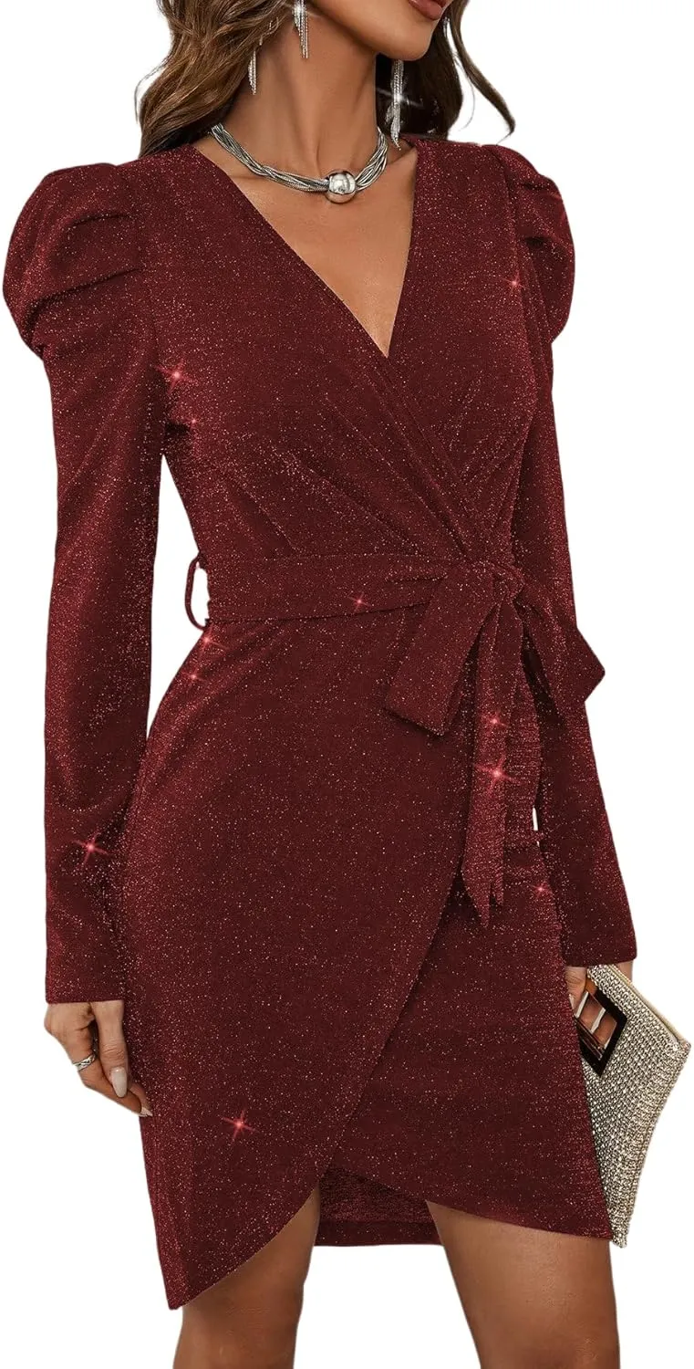 Sparkly Women's Elegant Deep V Neck High Waist Wrap Long Sleeve Mini Dress with Bow Belt Party Club Dress