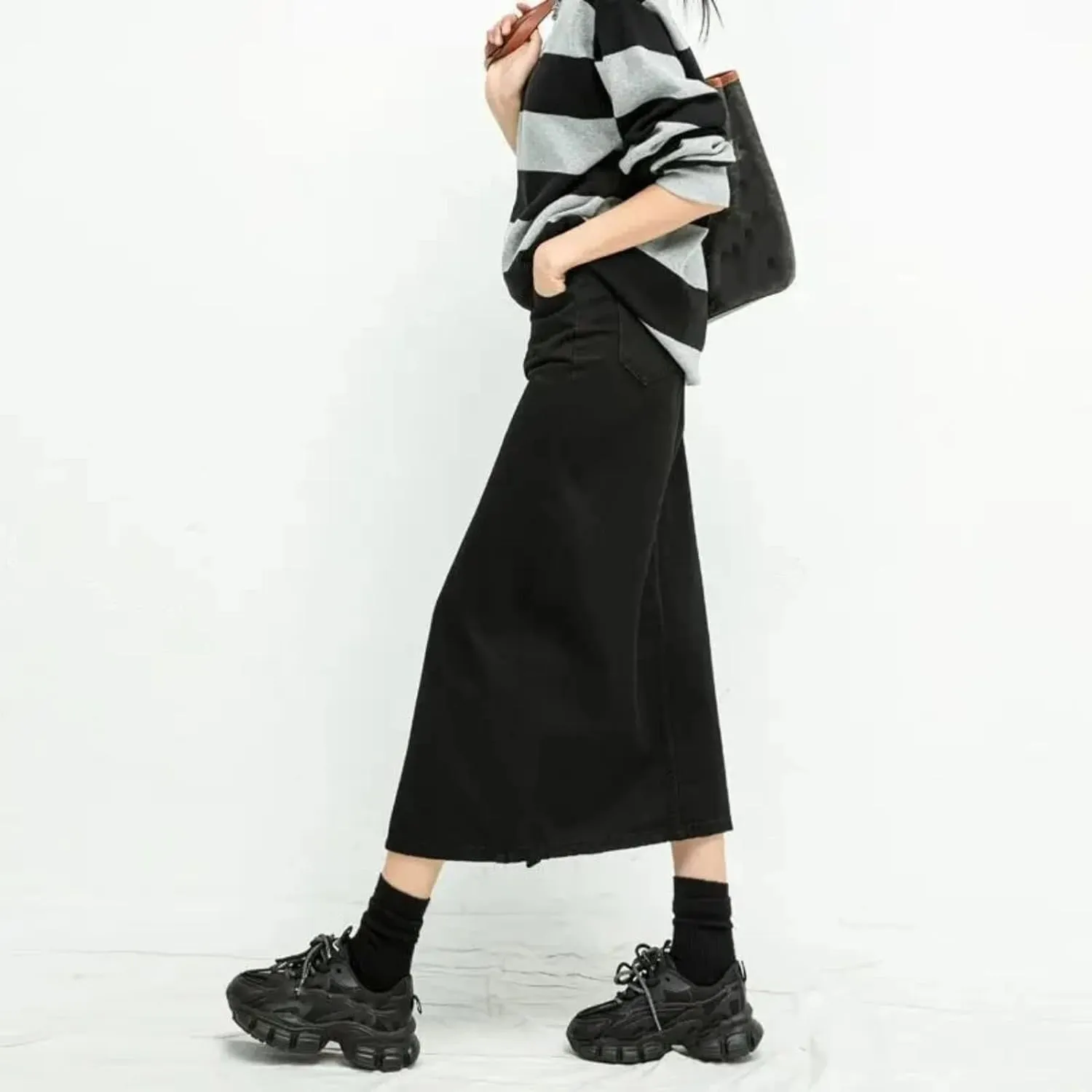 Split Denim Skirt for Women High Waisted Loose A-Line Skirt Black Skirts Spring Mid Length Skirts
