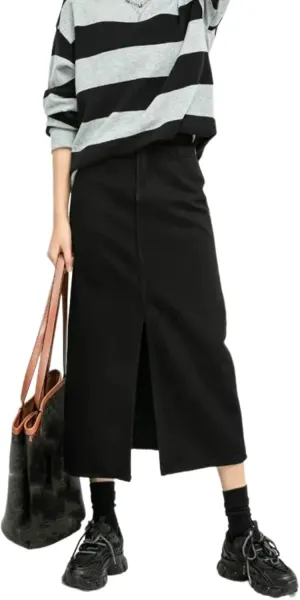 Split Denim Skirt for Women High Waisted Loose A-Line Skirt Black Skirts Spring Mid Length Skirts