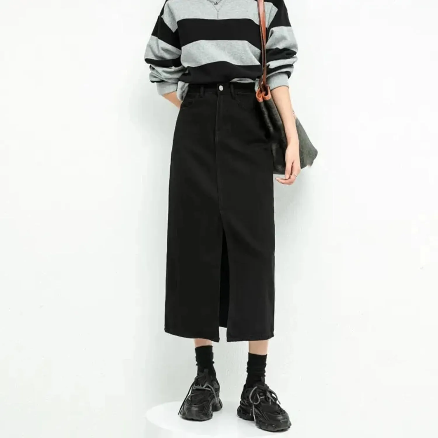 Split Denim Skirt for Women High Waisted Loose A-Line Skirt Black Skirts Spring Mid Length Skirts