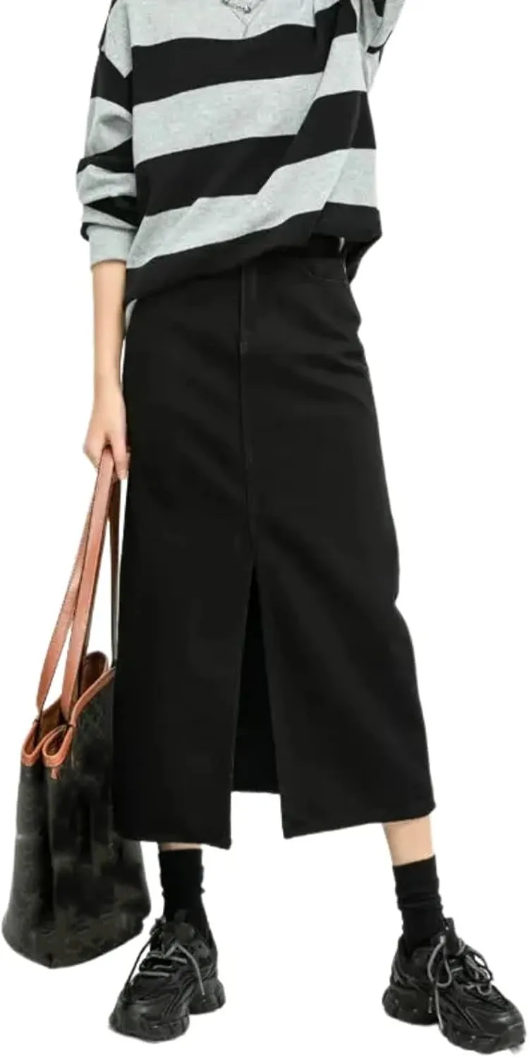 Split Denim Skirt for Women High Waisted Loose A-Line Skirt Black Skirts Spring Mid Length Skirts