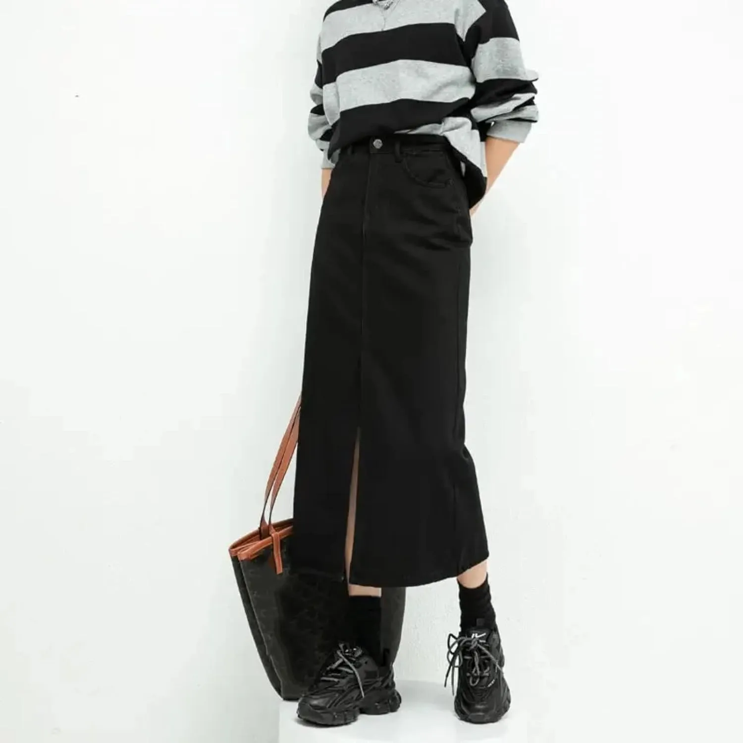 Split Denim Skirt for Women High Waisted Loose A-Line Skirt Black Skirts Spring Mid Length Skirts