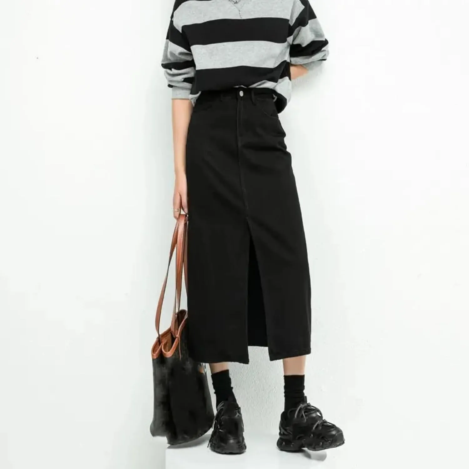 Split Denim Skirt for Women High Waisted Loose A-Line Skirt Black Skirts Spring Mid Length Skirts