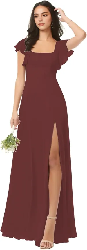 Spring Floral Bridesmaid Dresses for Women with Slit Flutter Sleeve Formal Dress Square Neck Wedding Guest Dresses